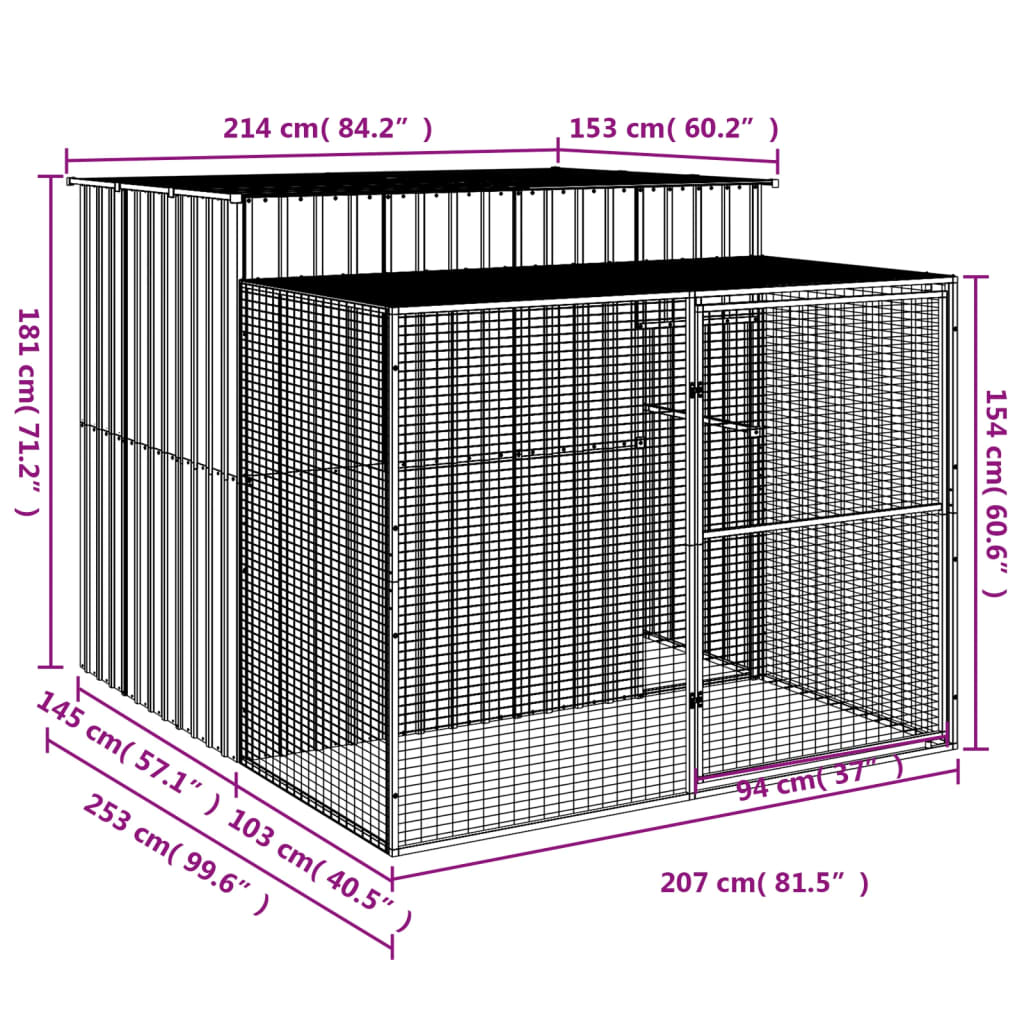 Casota cães c/ parque 214x253x181 cm aço galvaniz. cinza-claro