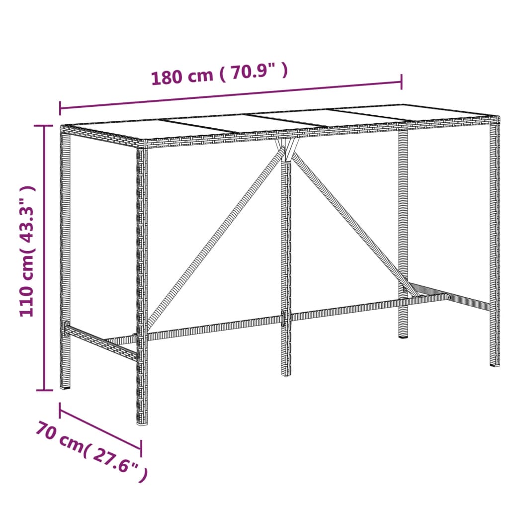 7 pcs conjunto de bar p/ jardim c/ almofadões vime PE castanho