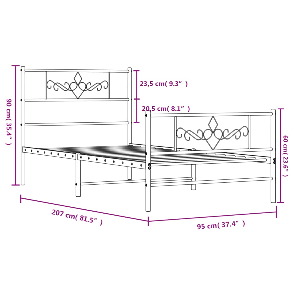 Estrutura de cama com cabeceira e pés 90x200 cm metal preto