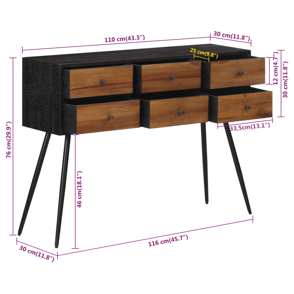 Mesa consola com gavetas 116x30x76 cm teca recuperada maciça