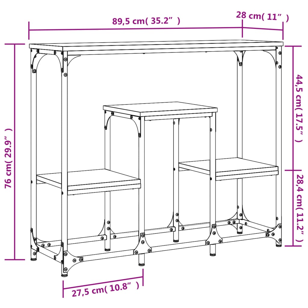 Mesa consola 89,5x28x76 cm derivados de madeira carvalho fumado