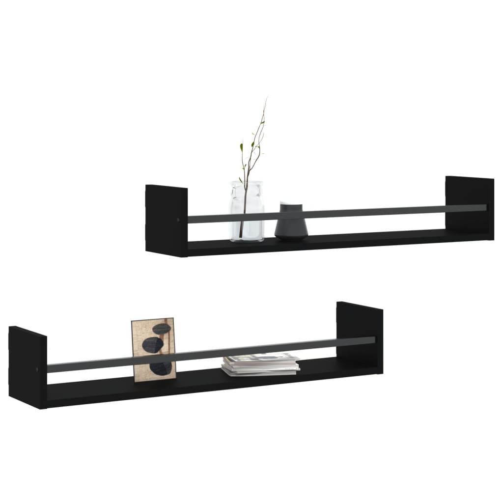 Prateleiras de parede com barras 2 pcs 80x16x14 cm preto