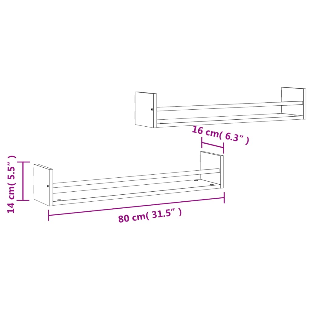 Prateleiras de parede c/ barras 2pcs 80x16x14cm carvalho sonoma