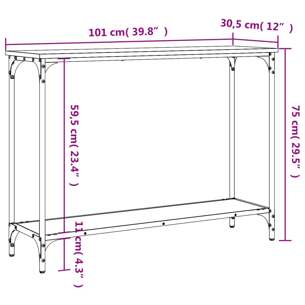 Mesa consola 101x30,5x75cm derivados de madeira carvalho sonoma