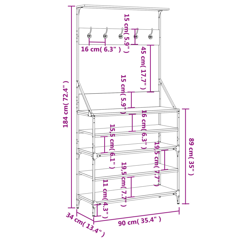 Conjunto de Entrada - Bengaleiro com arrumação calçado 90x34x184 cm cinza sonoma