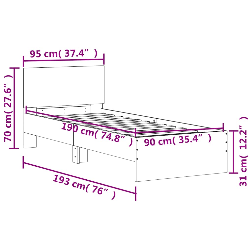 Cama sem colchão com cabeceira 90x190 cm carvalho sonoma