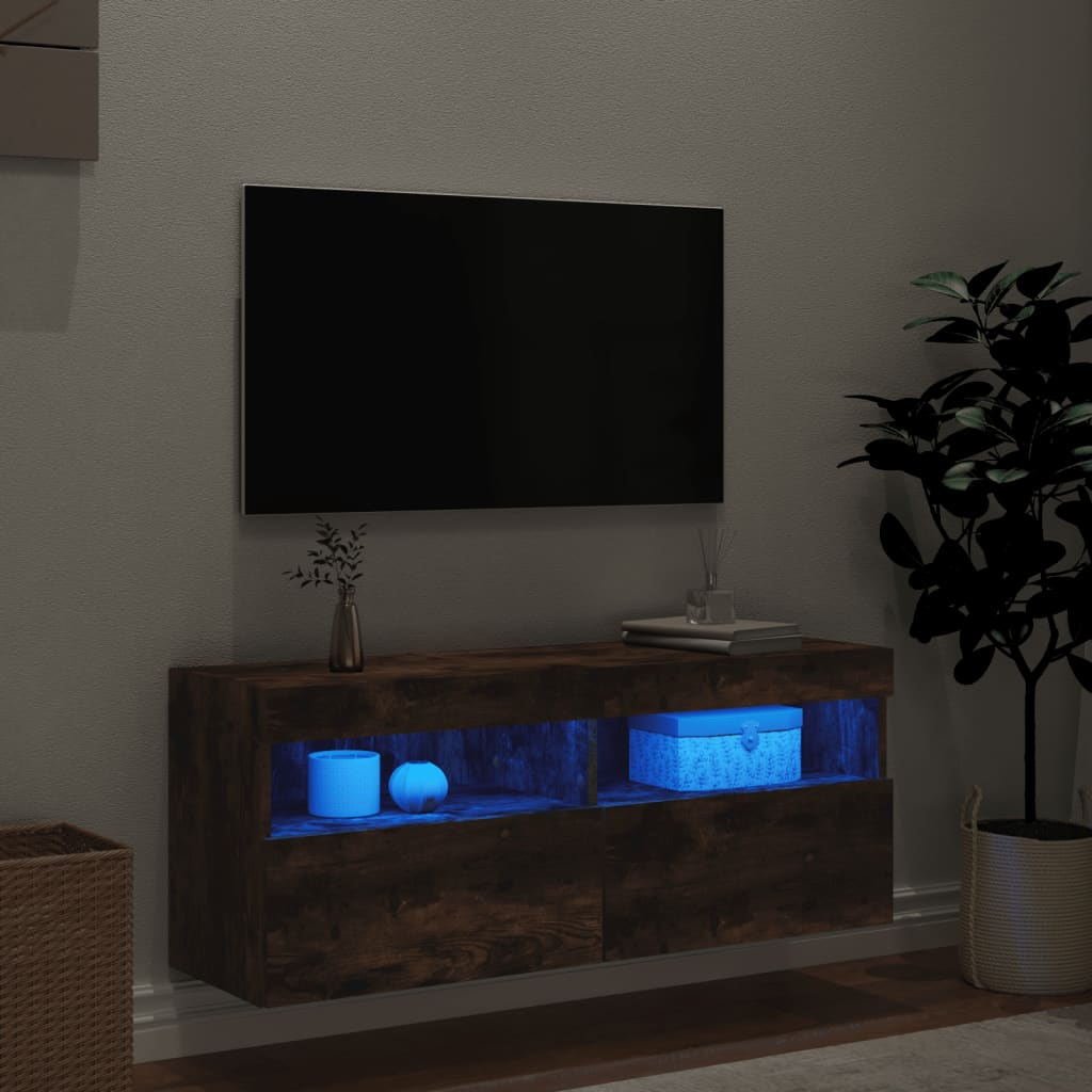 Móvel de parede p/ TV c/ luzes LED 100x30x40 cm carvalho fumado
