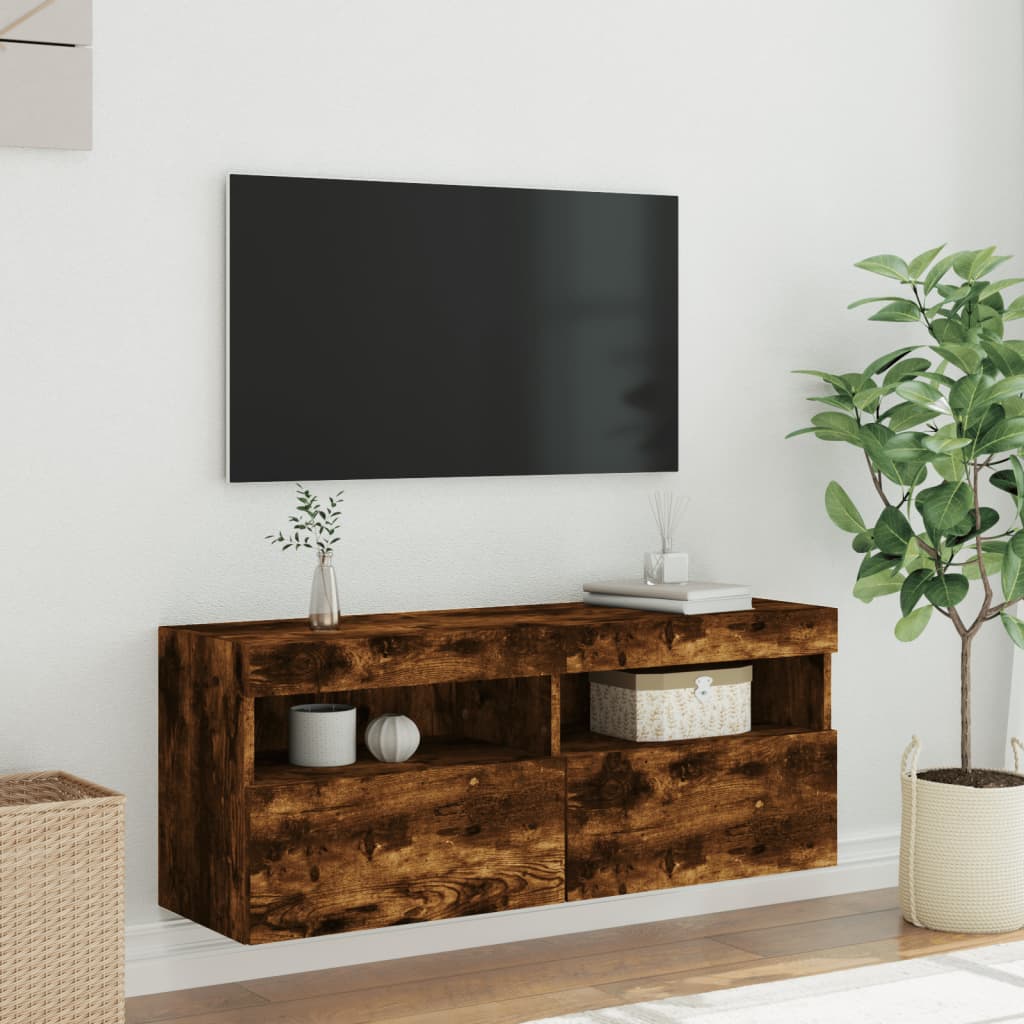 Móvel de parede p/ TV c/ luzes LED 100x30x40 cm carvalho fumado