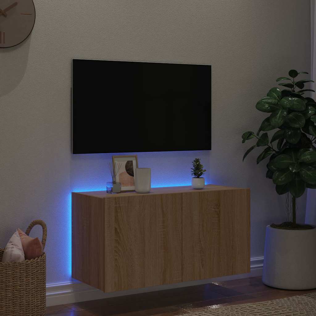 Móvel de parede p/ TV c/ luzes LED 80x35x41 cm carvalho sonoma