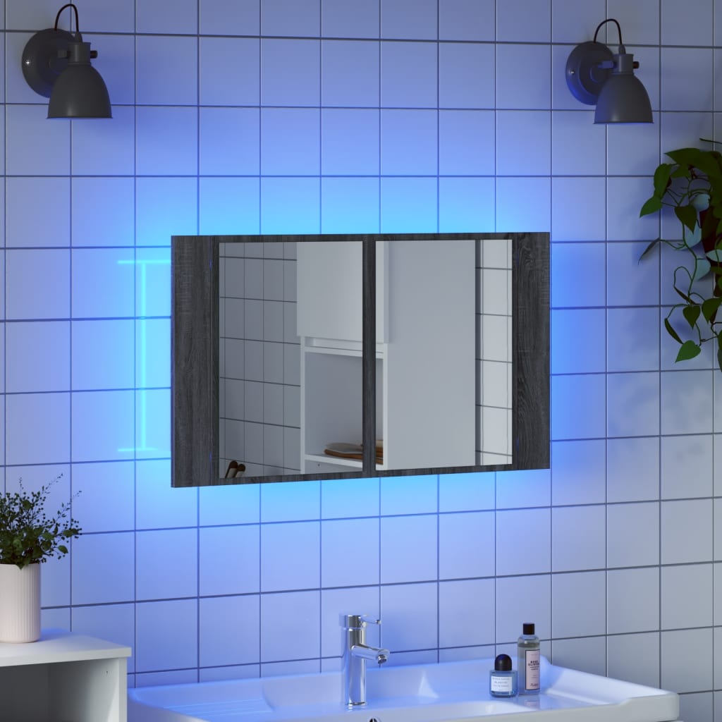Armário WC c/ espelho e luzes LED acrílico cinzento sonoma