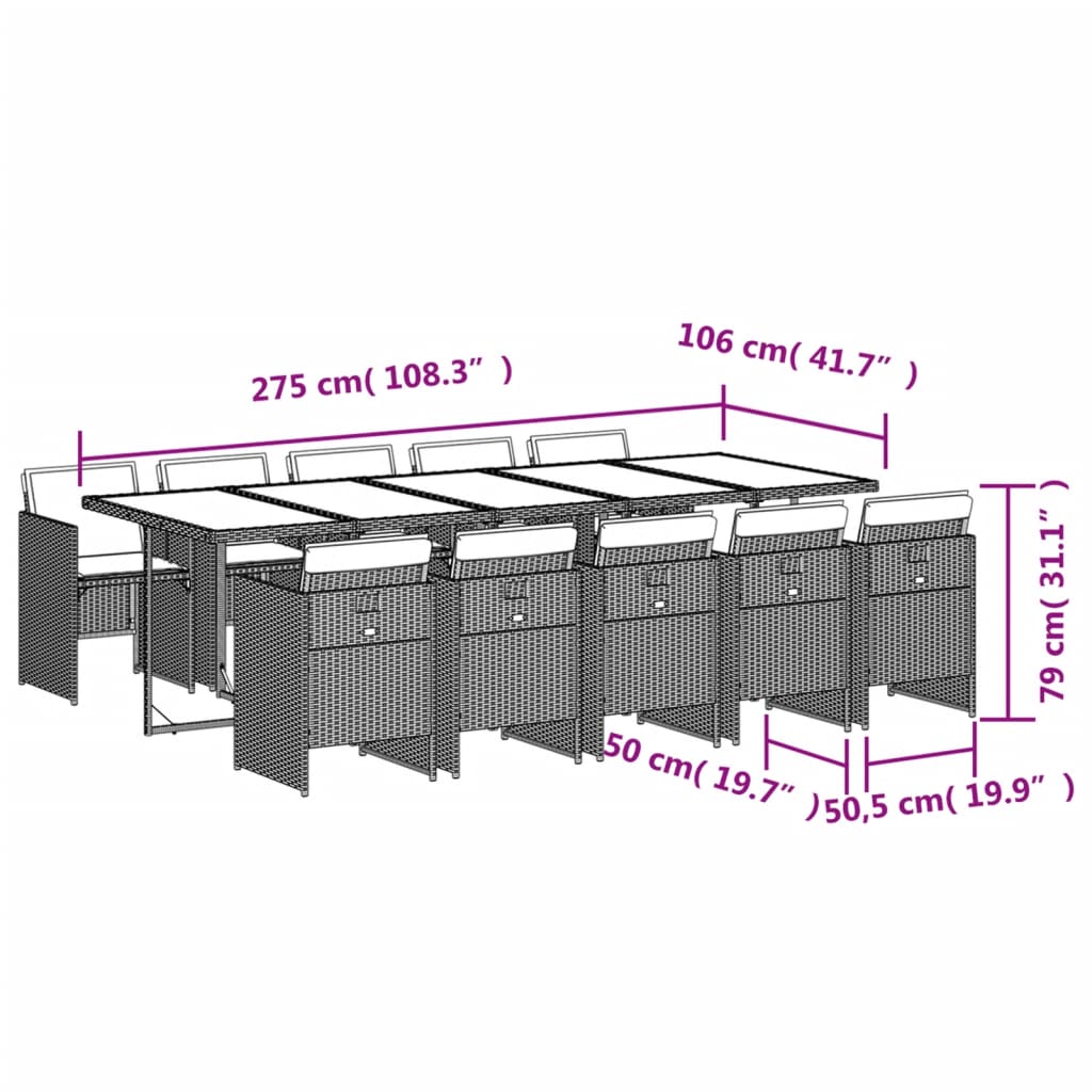 11 pcs conjunto de jantar p/ jardim com almofadões vime PE bege