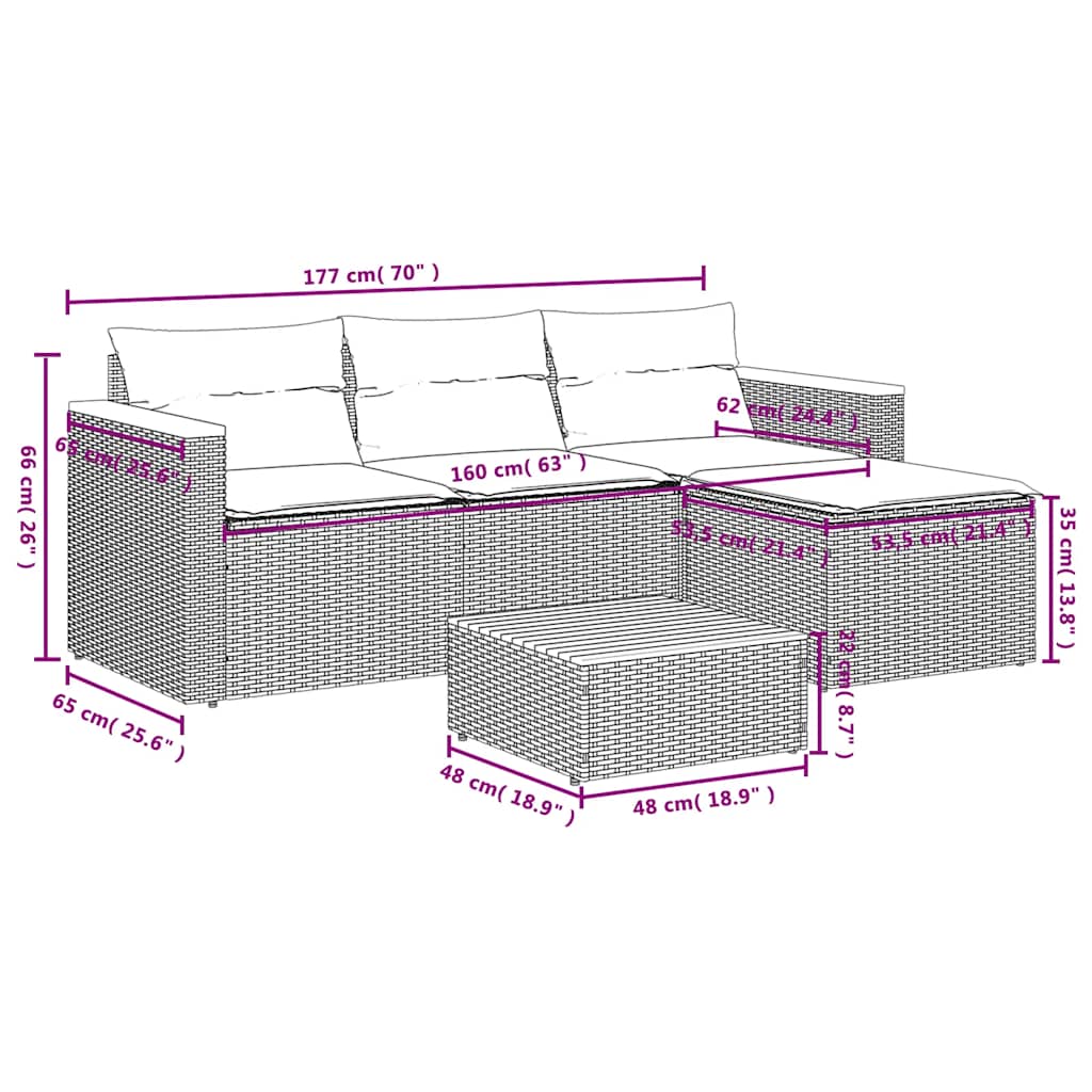 3 pcs conjunto sofás de jardim com almofadões vime PE preto