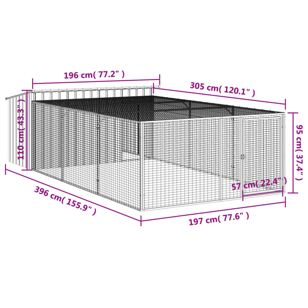 Casota p/ cães c/ parque 197x396x110 cm aço galvaniz. antracite