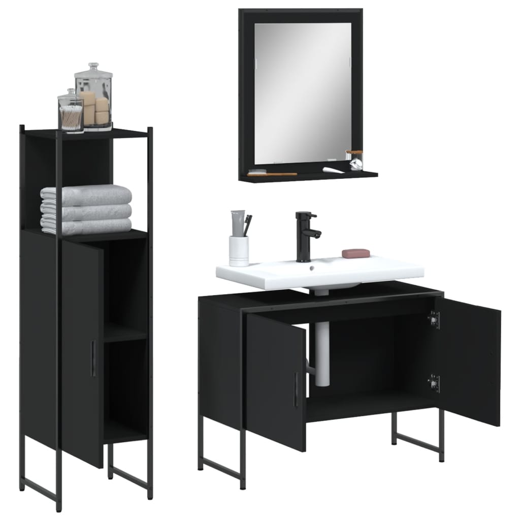 3 pcs conjunto móveis casa de banho derivados de madeira preto