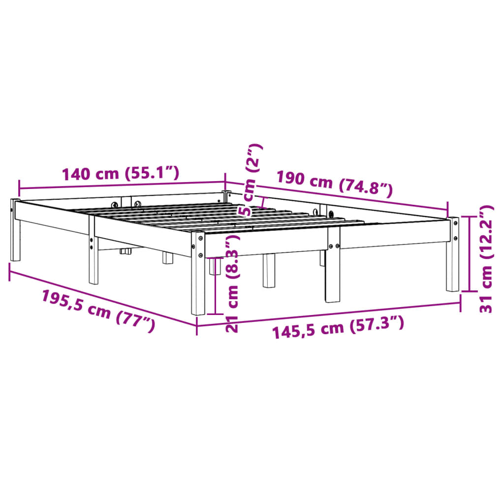 Cama sem colchão 140x190 cm pinho maciço castanho-mel