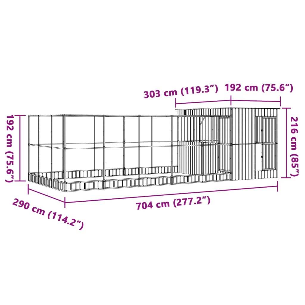 Aviário com extensão 704x303x216 cm aço prateado