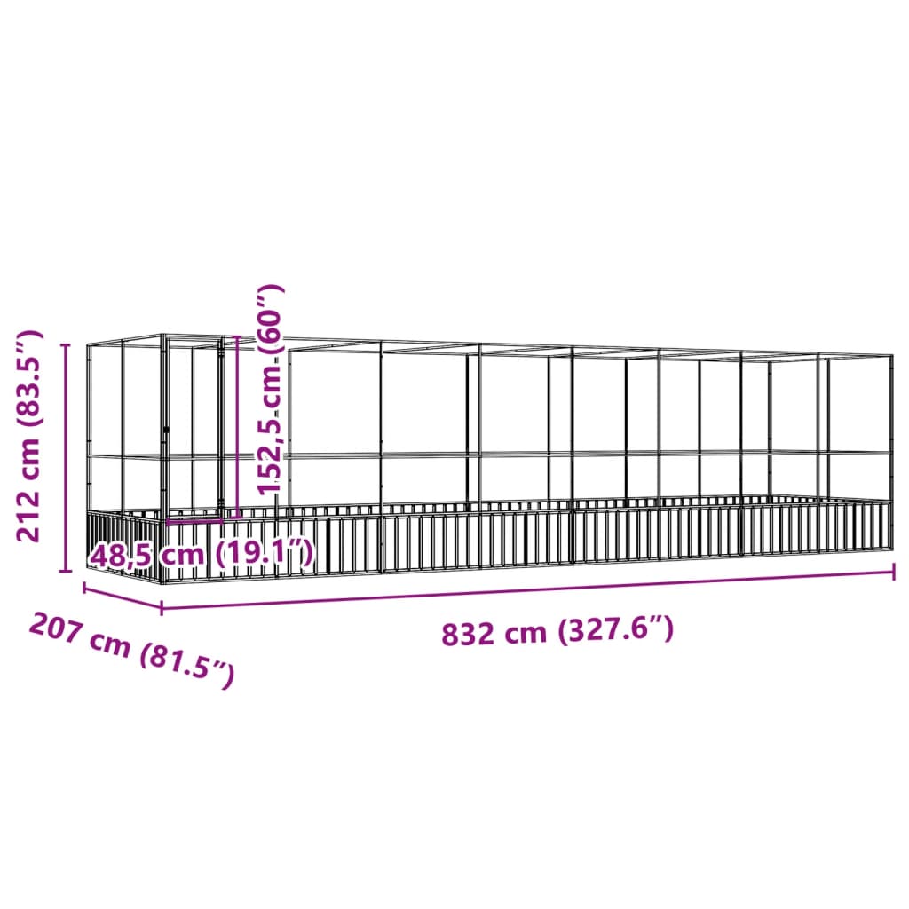 Aviário com extensão 832x207x212 cm aço prateado