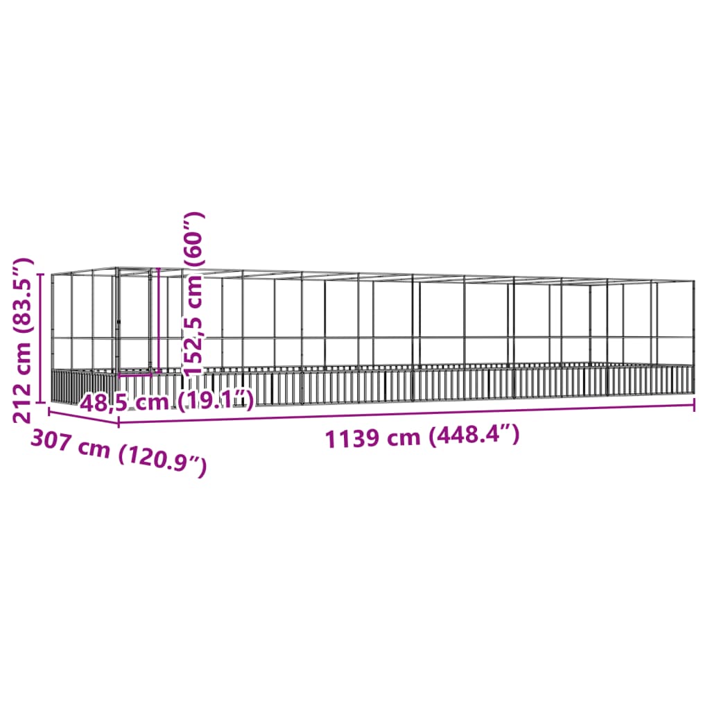 Aviário com extensão 1139x307x212 cm aço prateado