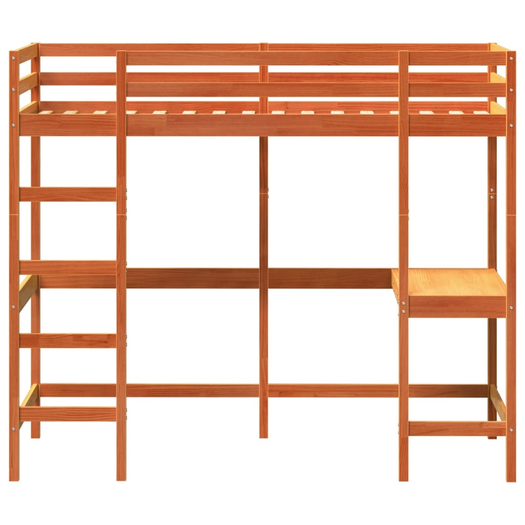 Cama alta c/ secretária 100x200 cm pinho maciço castanho-mel