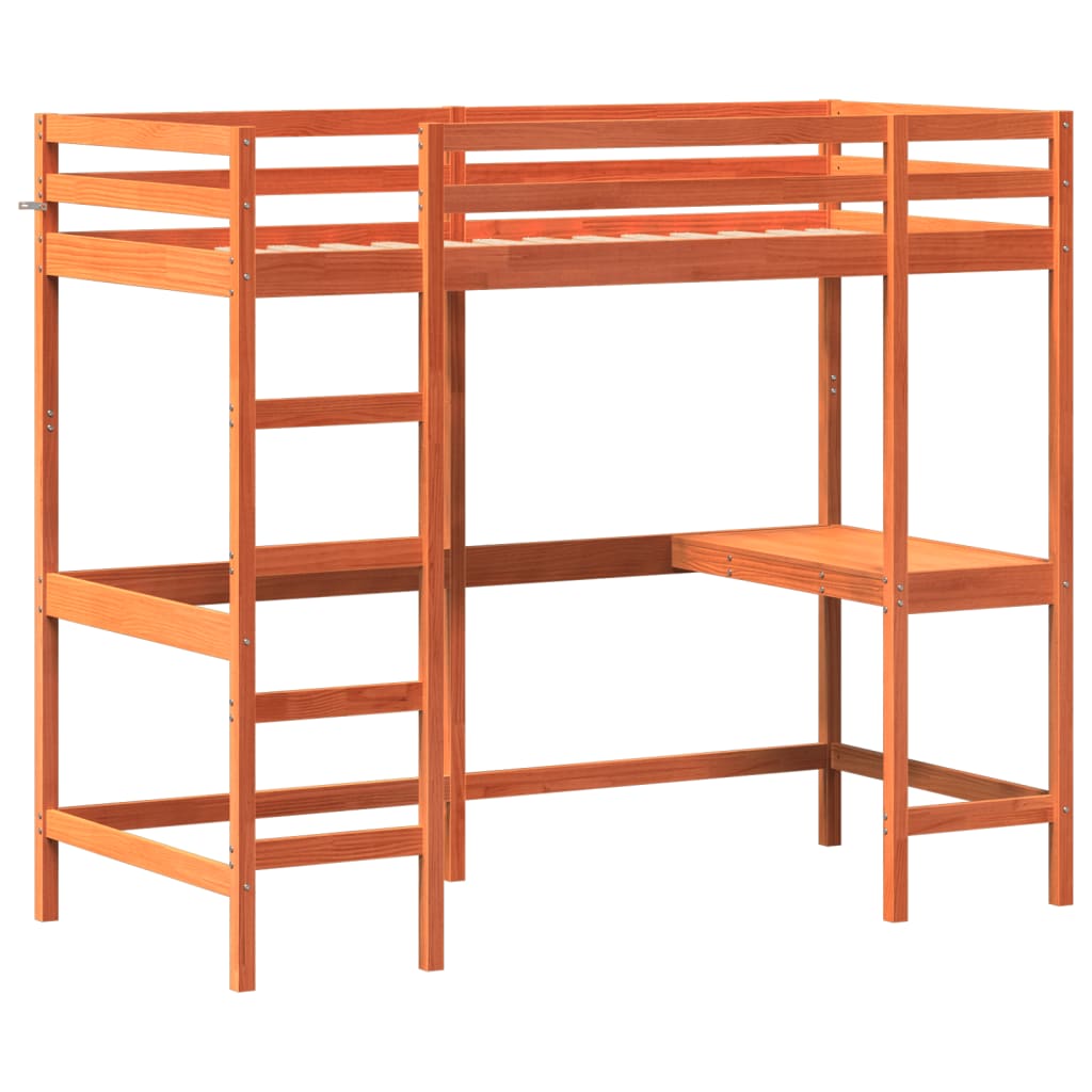 Cama alta c/ secretária 90x200 cm pinho maciço castanho-cera