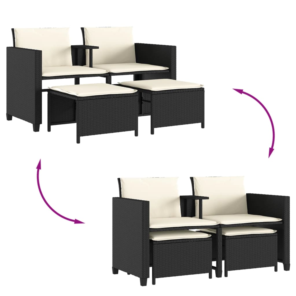 Sofá de jardim de 2 lugares com mesa e bancos vime PE preto