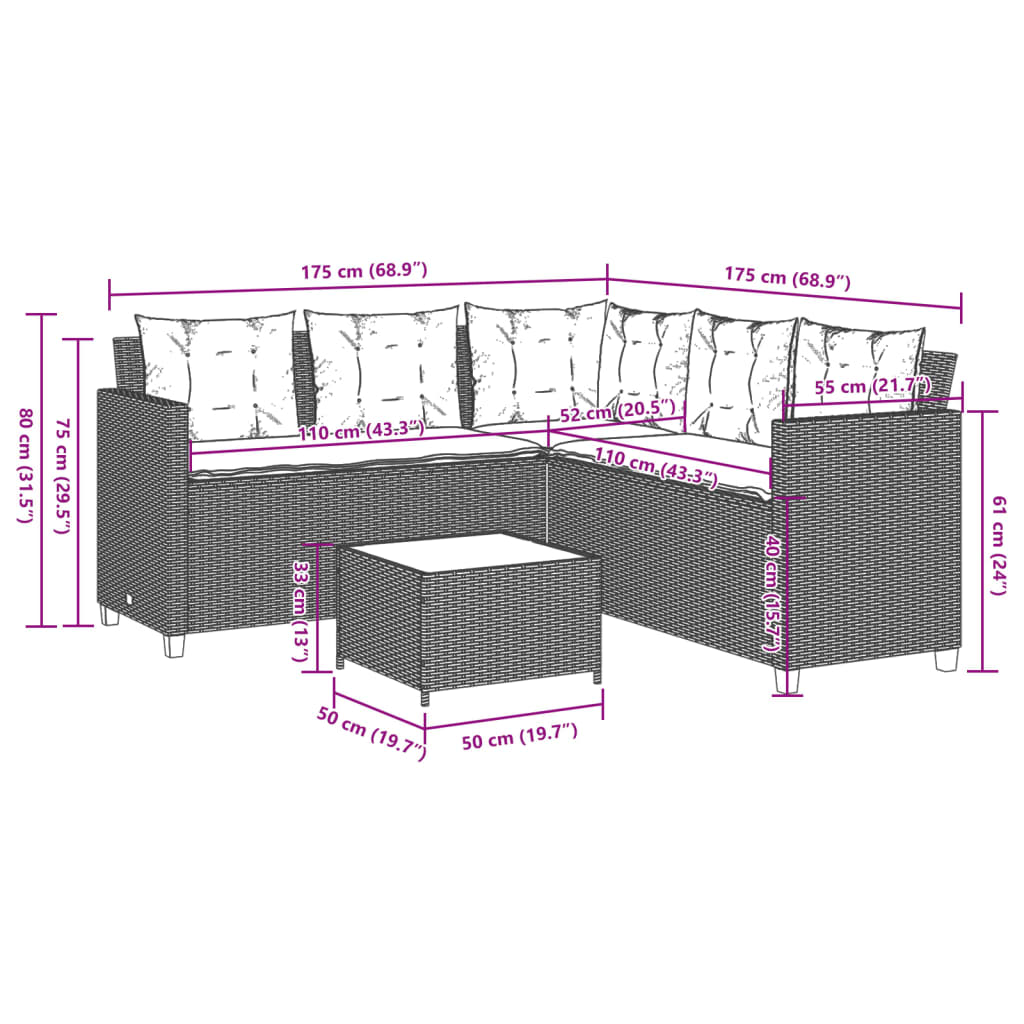 Sofá de jardim forma de L c/ mesa e almofadões vime PE castanho