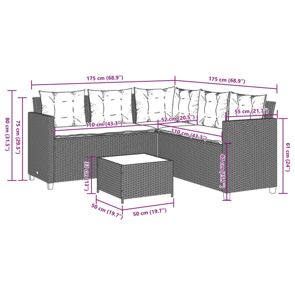 Sofá de jardim forma de L c/ mesa e almofadões vime PE cinzento