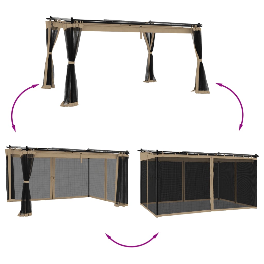 Gazebo com paredes de malha 4x3 m aço cinzento-acastanhado