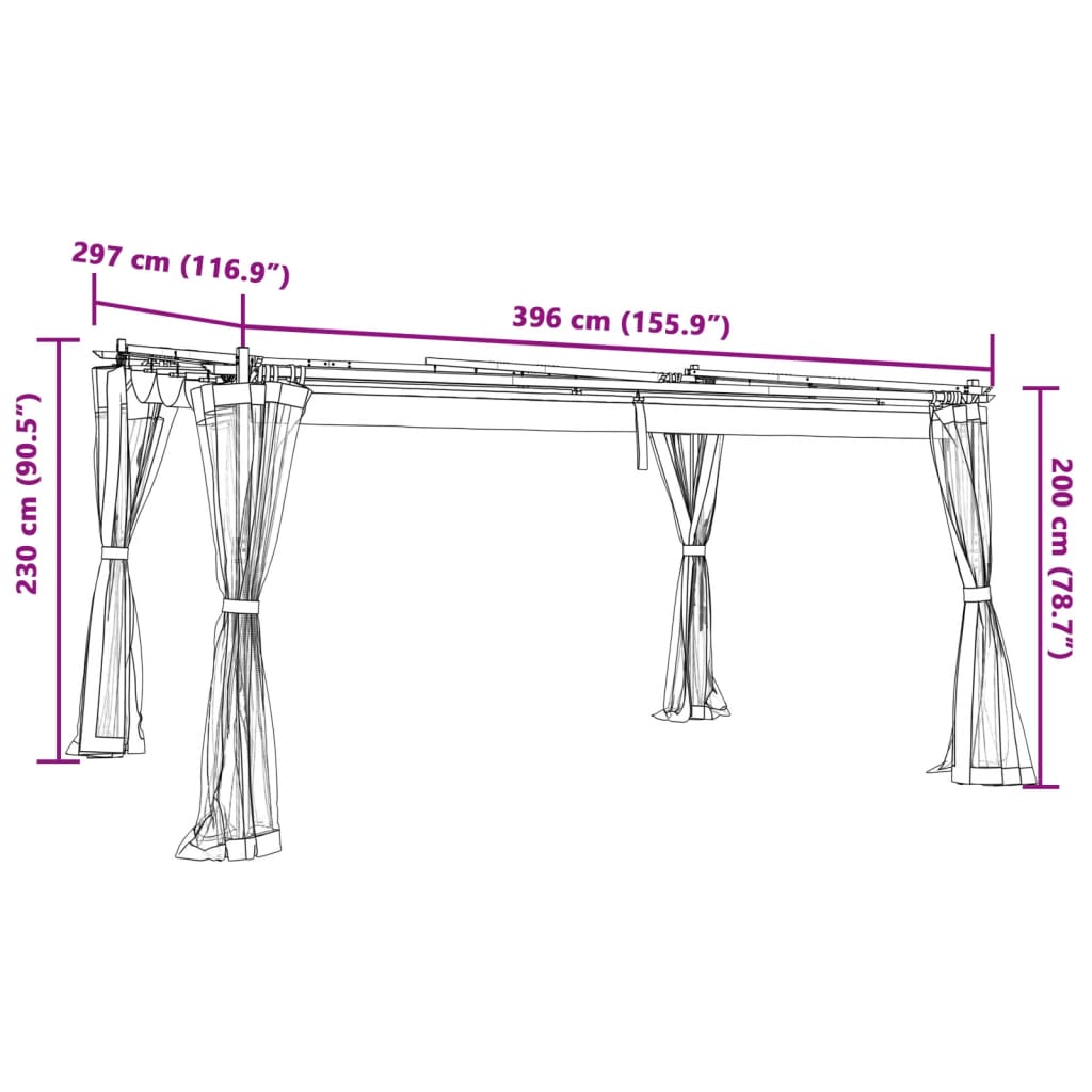 Gazebo com paredes de malha 4x3 m aço cinzento-acastanhado
