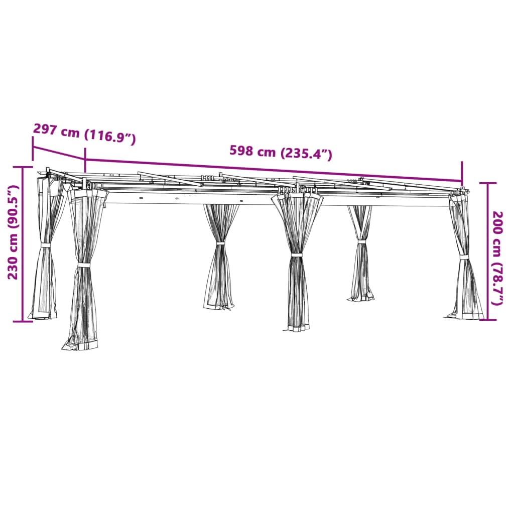 Gazebo com paredes de malha 6x3 m aço cinzento-acastanhado