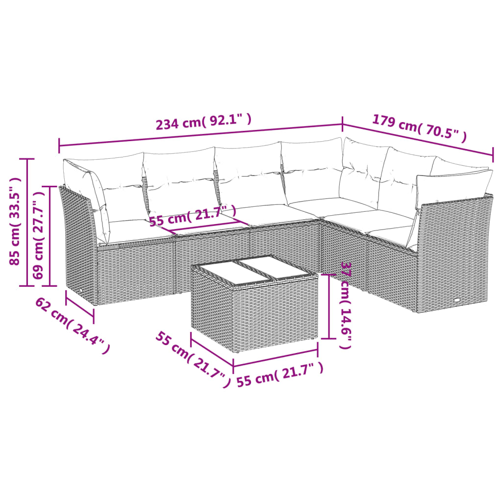 7 pcs conjunto de sofás jardim c/ almofadões vime PE castanho