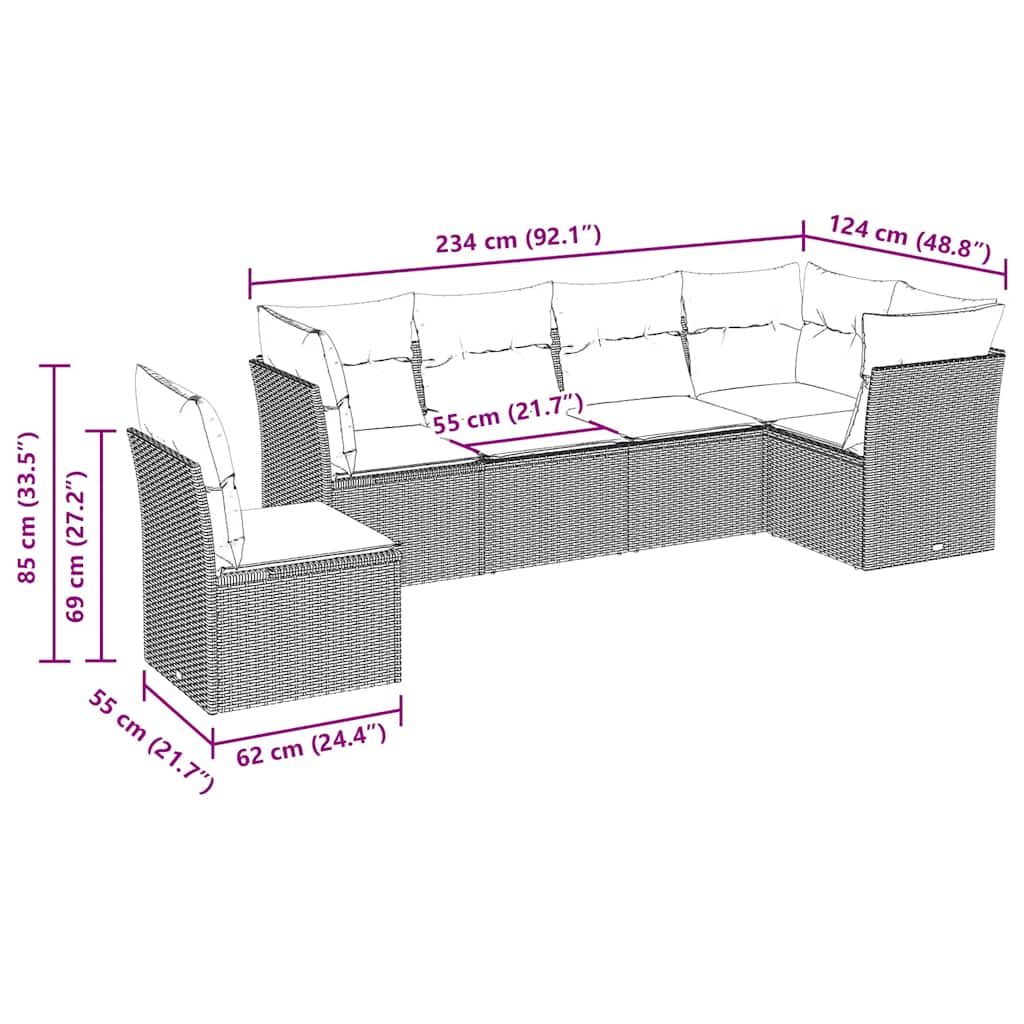 6 pcs conjunto sofás de jardim c/ almofadões vime PE preto