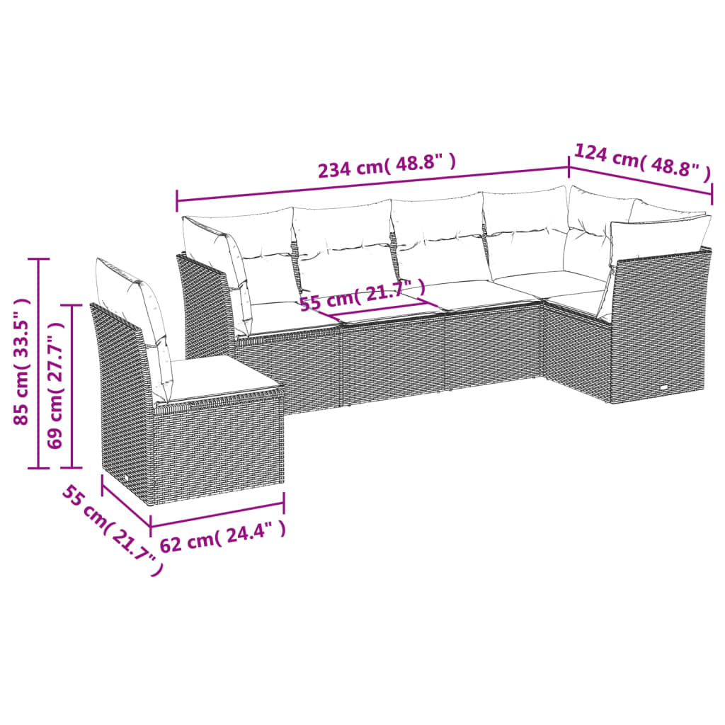 6 pcs conjunto de sofás jardim c/ almofadões vime PE castanho