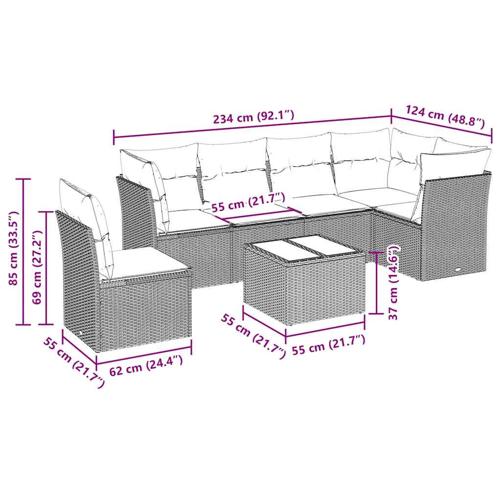 7 pcs conjunto de sofás p/ jardim c/ almofadões vime PE preto