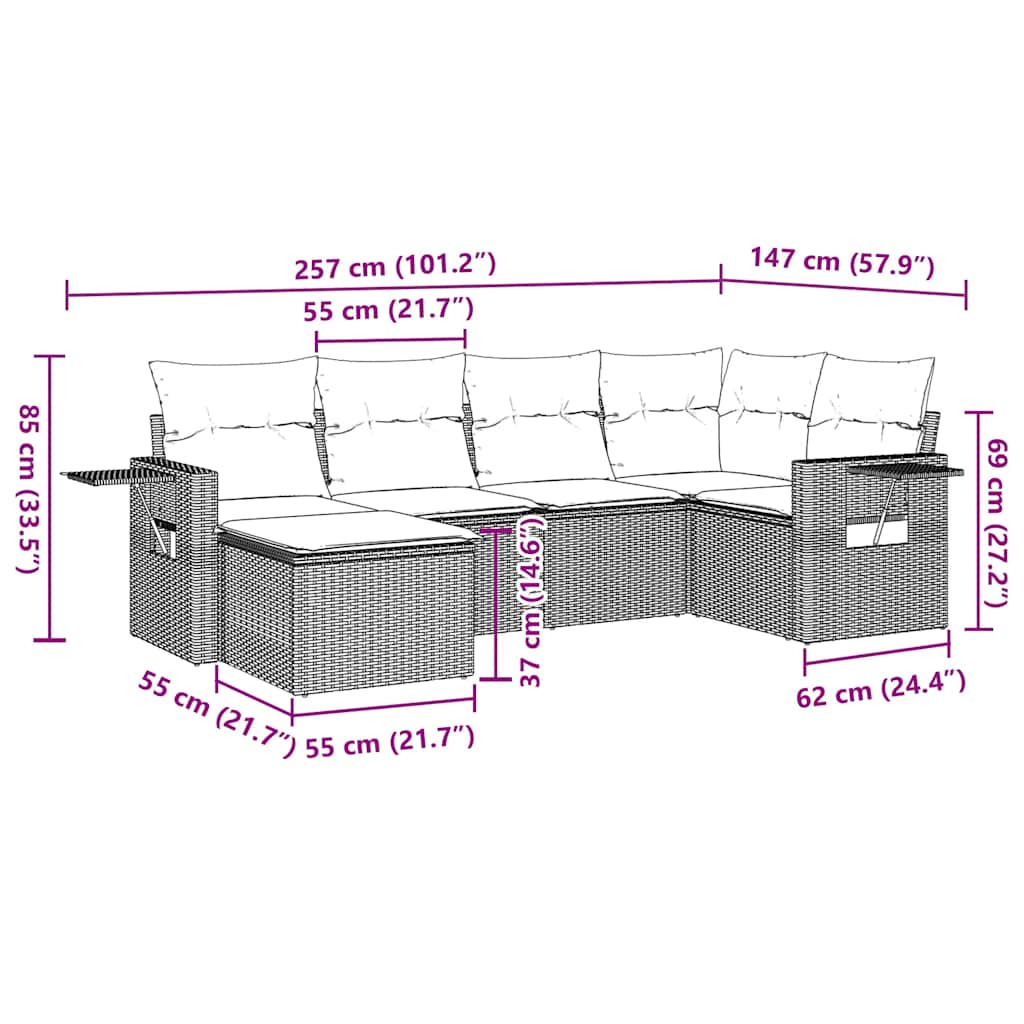 7 pcs conjunto de sofás p/ jardim c/ almofadões vime PE preto