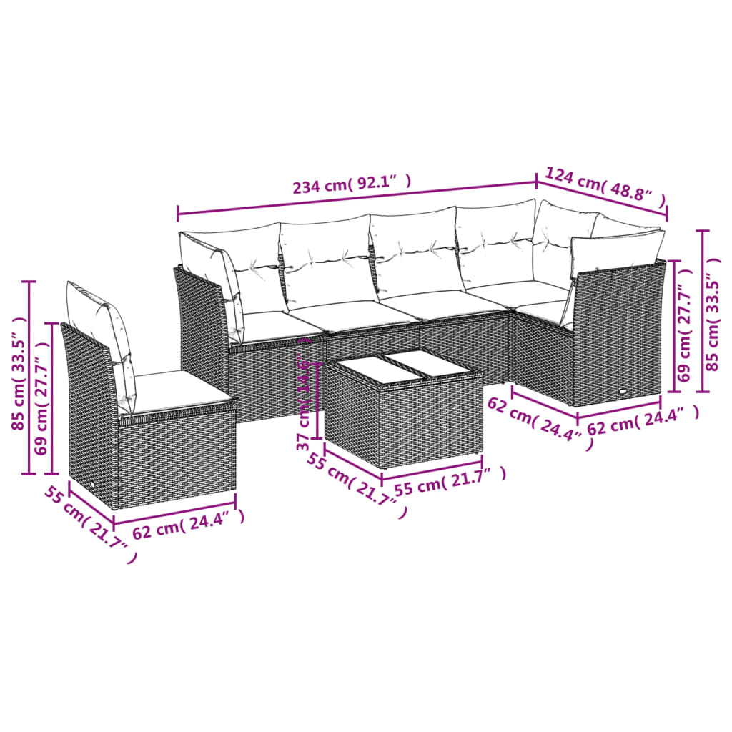 7 pcs conjunto de sofás p/ jardim com almofadões vime PE bege
