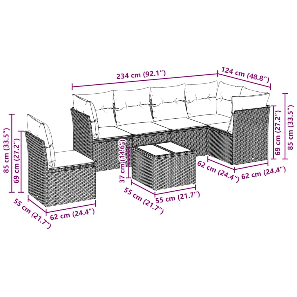 7 pcs conj. sofás jardim com almofadões vime PE cinzento-claro