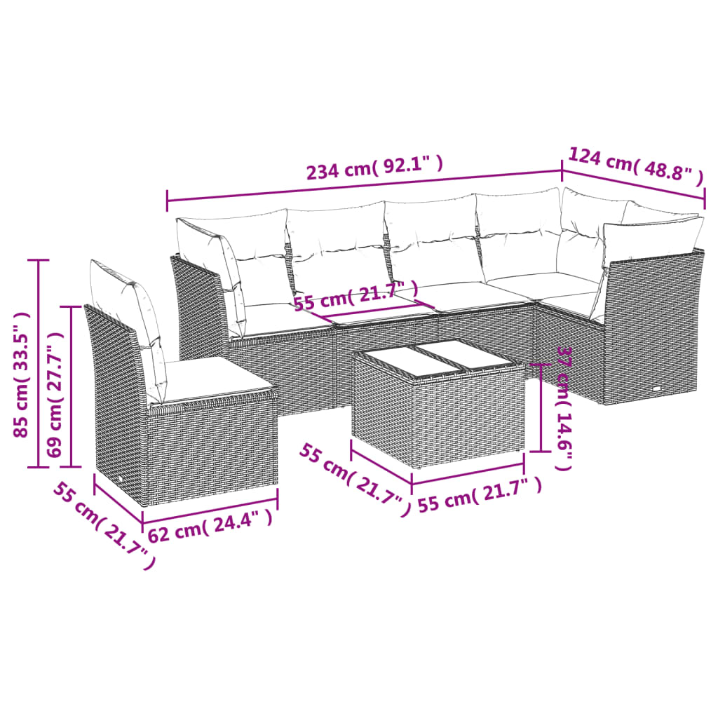 7 pcs conjunto de sofás jardim c/ almofadões vime PE castanho