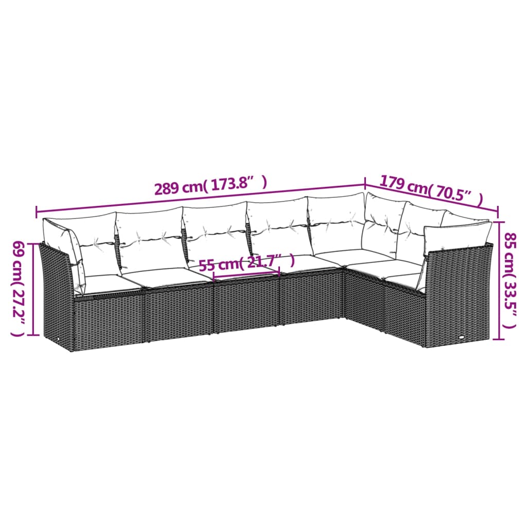 7 pcs conjunto de sofás jardim c/ almofadões vime PE castanho