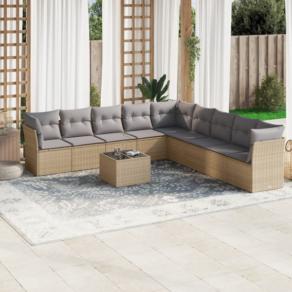 10 pcs conjunto de sofás p/ jardim com almofadões vime PE bege