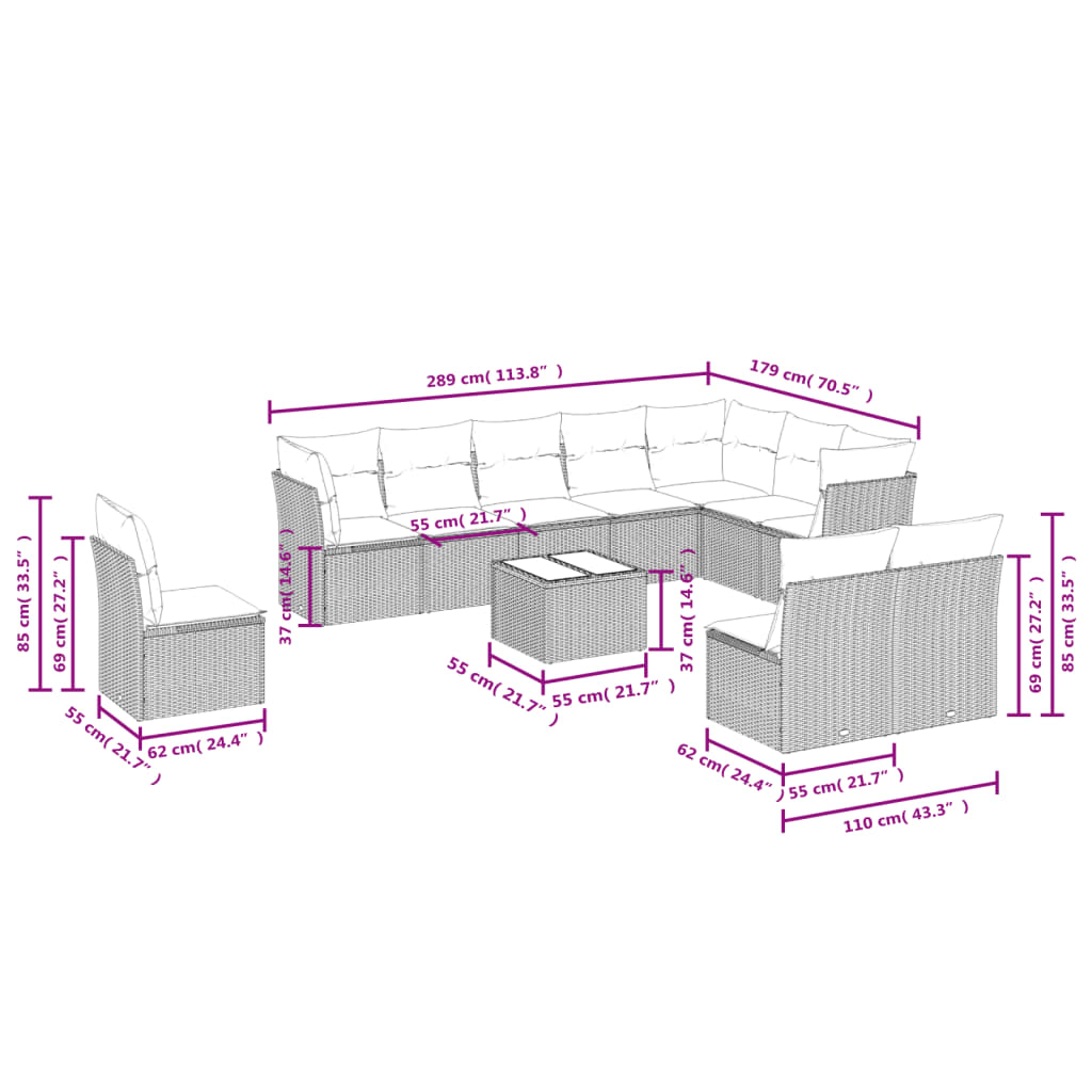 11 pcs conjunto sofás de jardim c/ almofadões vime PE bege