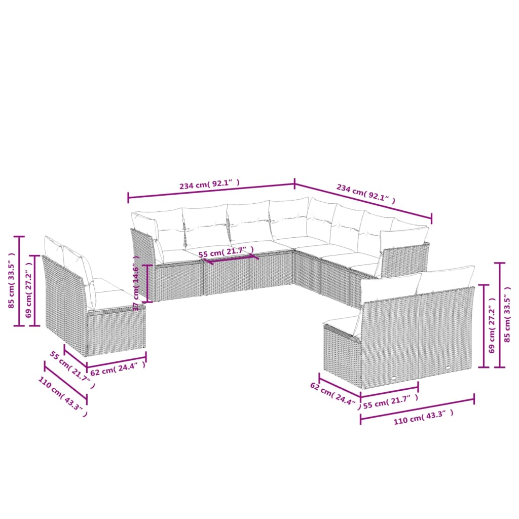 11 pcs conjunto sofás de jardim c/ almofadões vime PE preto