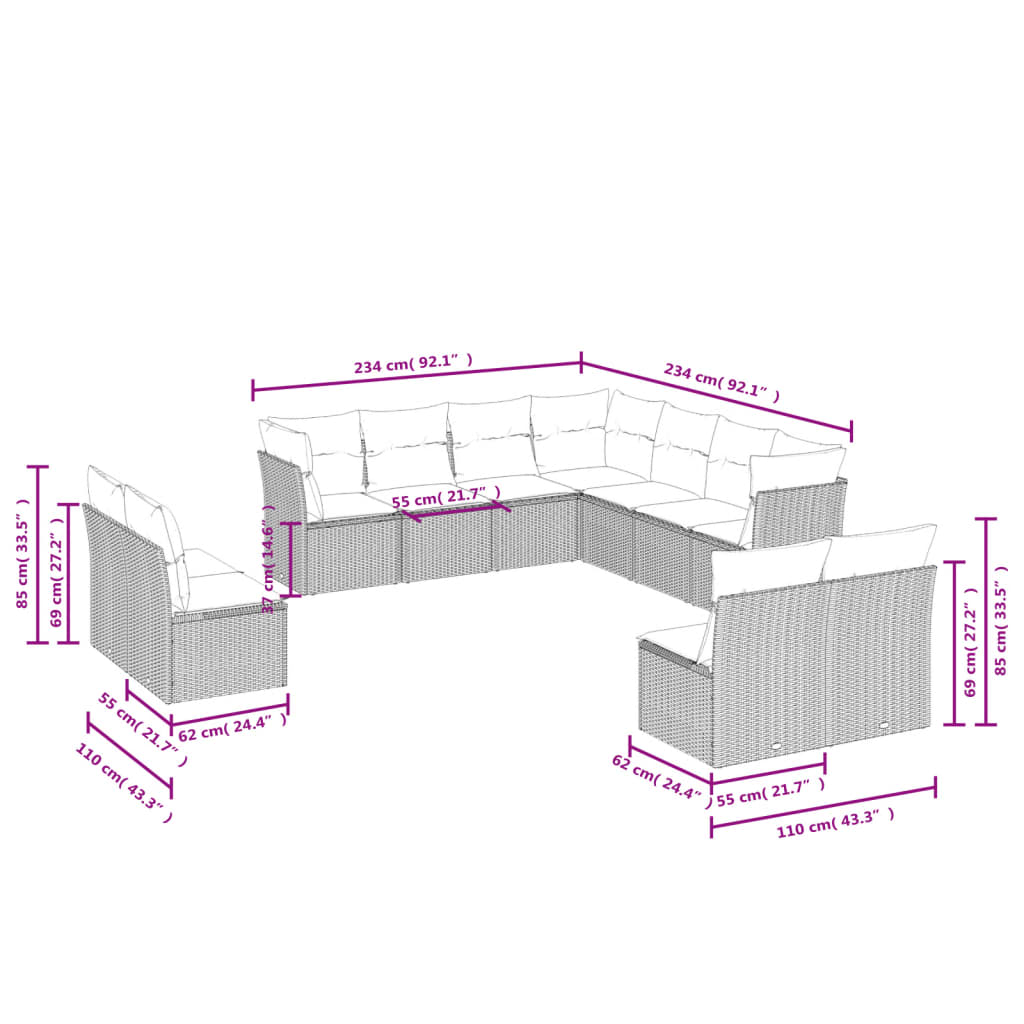 11 pcs conjunto sofás de jardim c/ almofadões vime PE bege