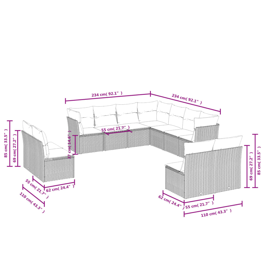 11 pcs conjunto sofás de jardim c/ almofadões vime PE castanho