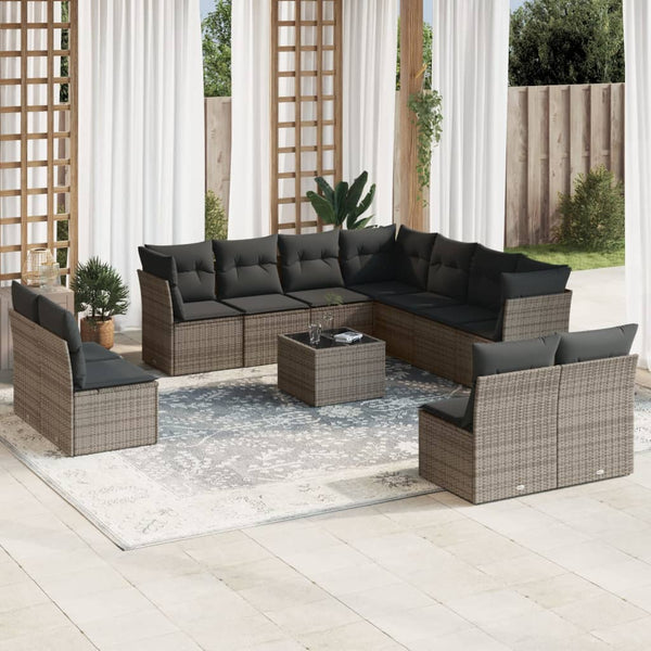 12 pcs conjunto de sofás jardim c/ almofadões vime PE cinzento