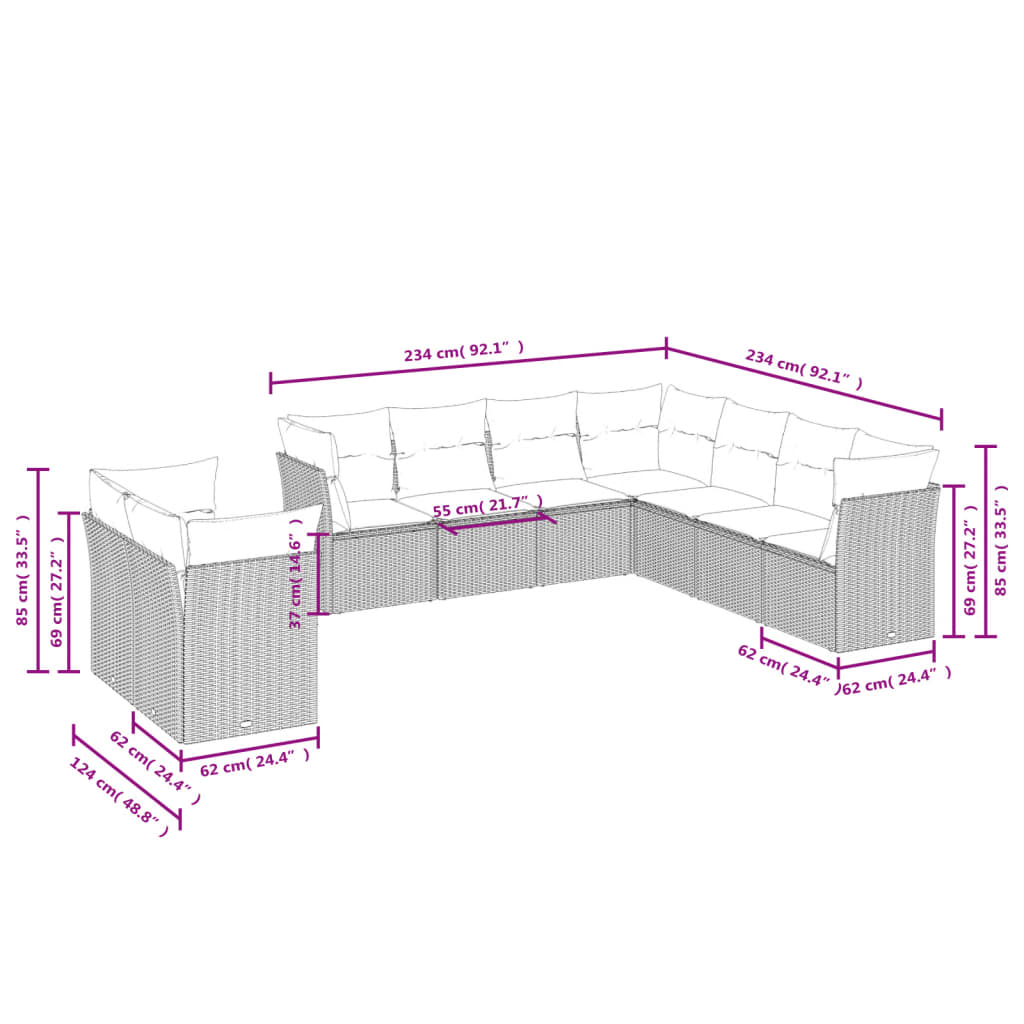 9 pcs conj. sofás jardim com almofadões vime PE cinzento-claro