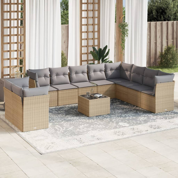 11 pcs conjunto sofás de jardim c/ almofadões vime PE bege