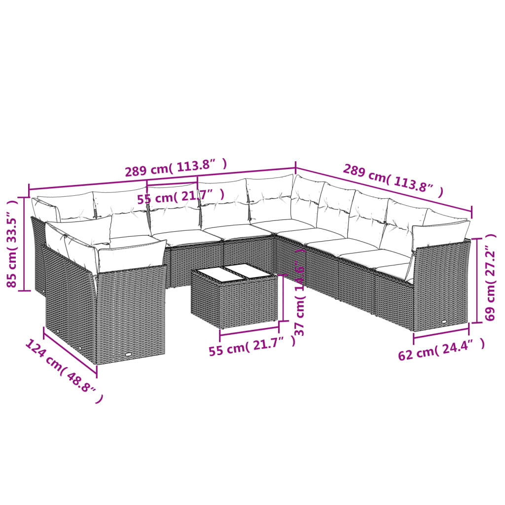 12 pcs conjunto de sofás jardim c/ almofadões vime PE cinzento