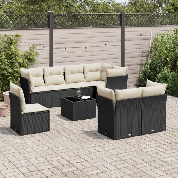 9 pcs conjunto de sofás p/ jardim c/ almofadões vime PE preto