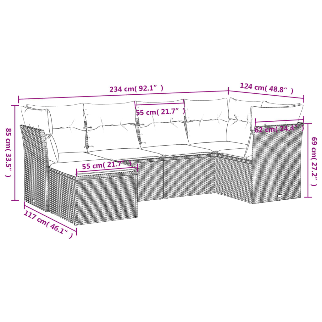 6 pcs conj. sofás jardim com almofadões vime PE cinzento-claro